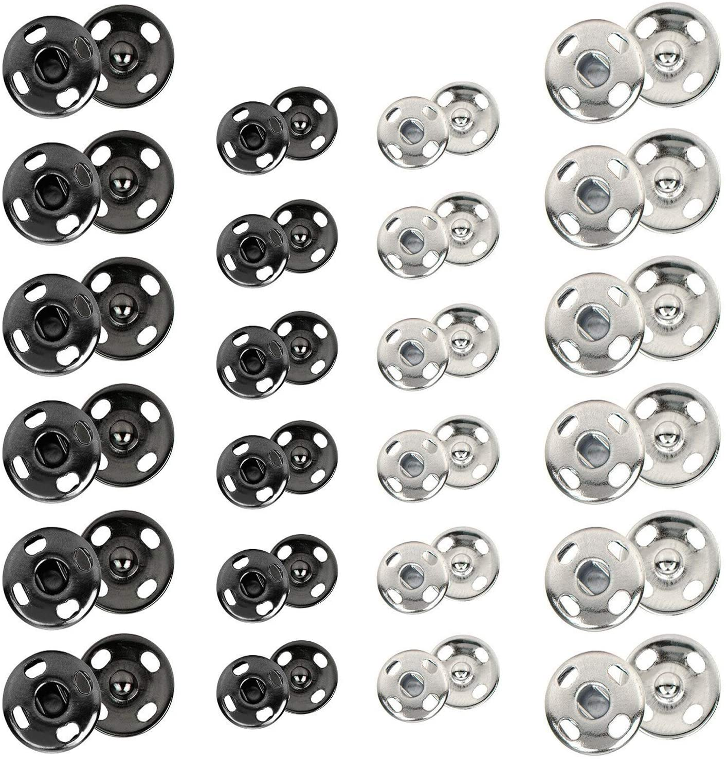 120 Sets Sew-On Snap Buttons Metal Snaps Fasteners Press Studs Buttons for Sewing, 8 Mm and 10 Mm,Black and Silver