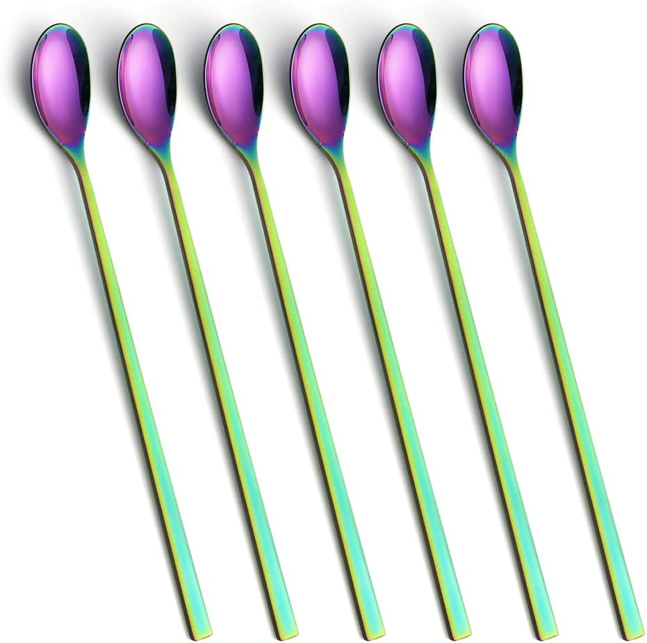 Long Handle Spoon, Rainbow Ice Tea Spoon,  9-inch Premium 18/10 Stainless Steel Colorful Coffee Stirrers Coffee Spoons for Milks Tea Mixing Cocktail Stirring Coffee, Set of 6