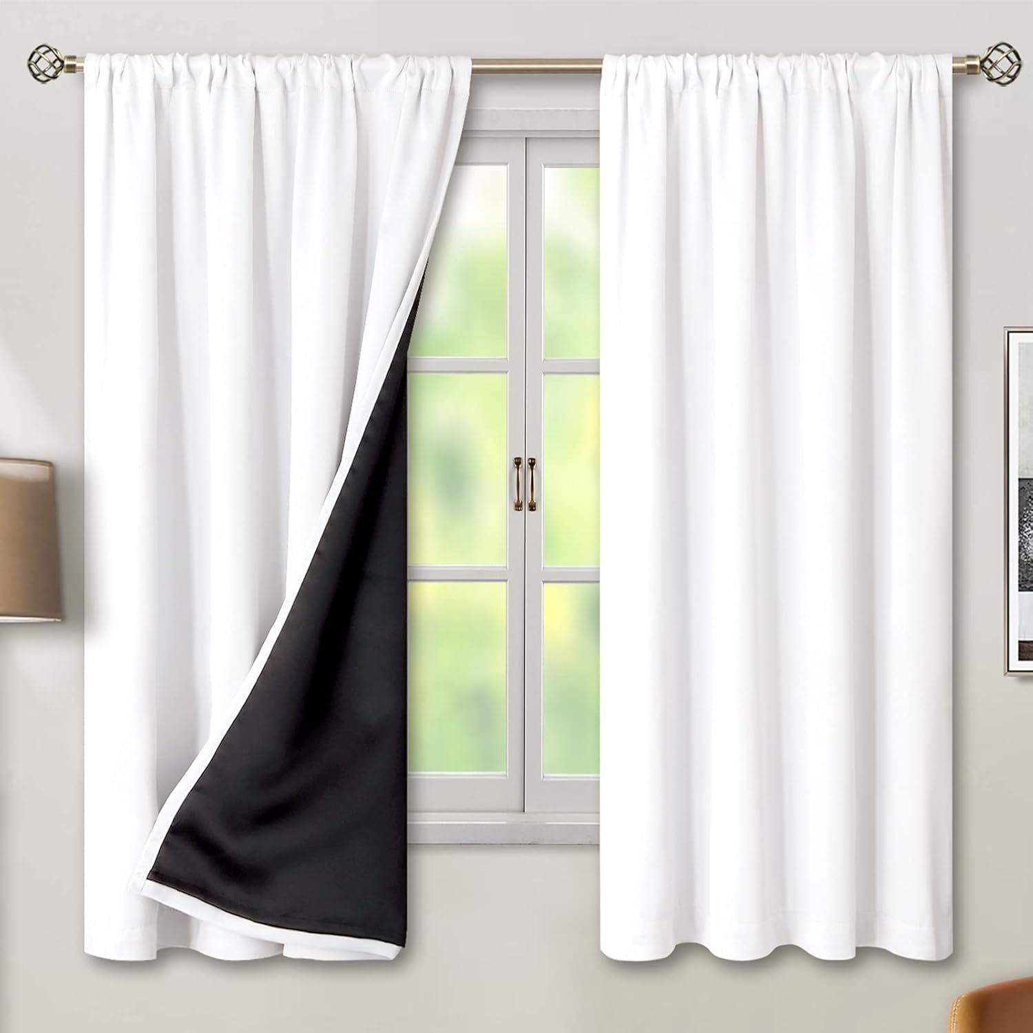 White Blackout Curtains for Bedroom 63 Inch Long - Thermal Insulated Black Out Curtains Room Darkening Soundproof Rod Pocket Window Curtains for Living Room, Each Drape Panel 52 Inch Wide