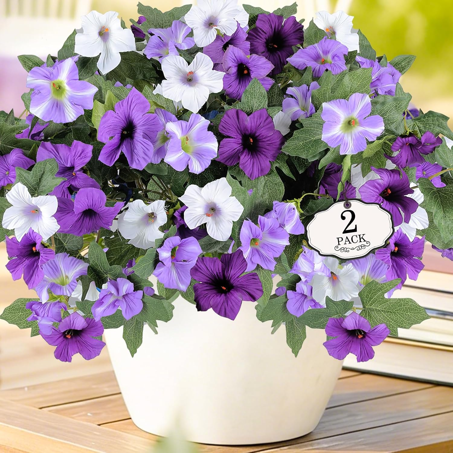Artificial Fake Flowers for Outdoor Plants Decoration,2 Pcs Faux Petunias Flowers Plants UV Resistant Silk for Porch Yard Garden Home Indoor Decor(Purple White)