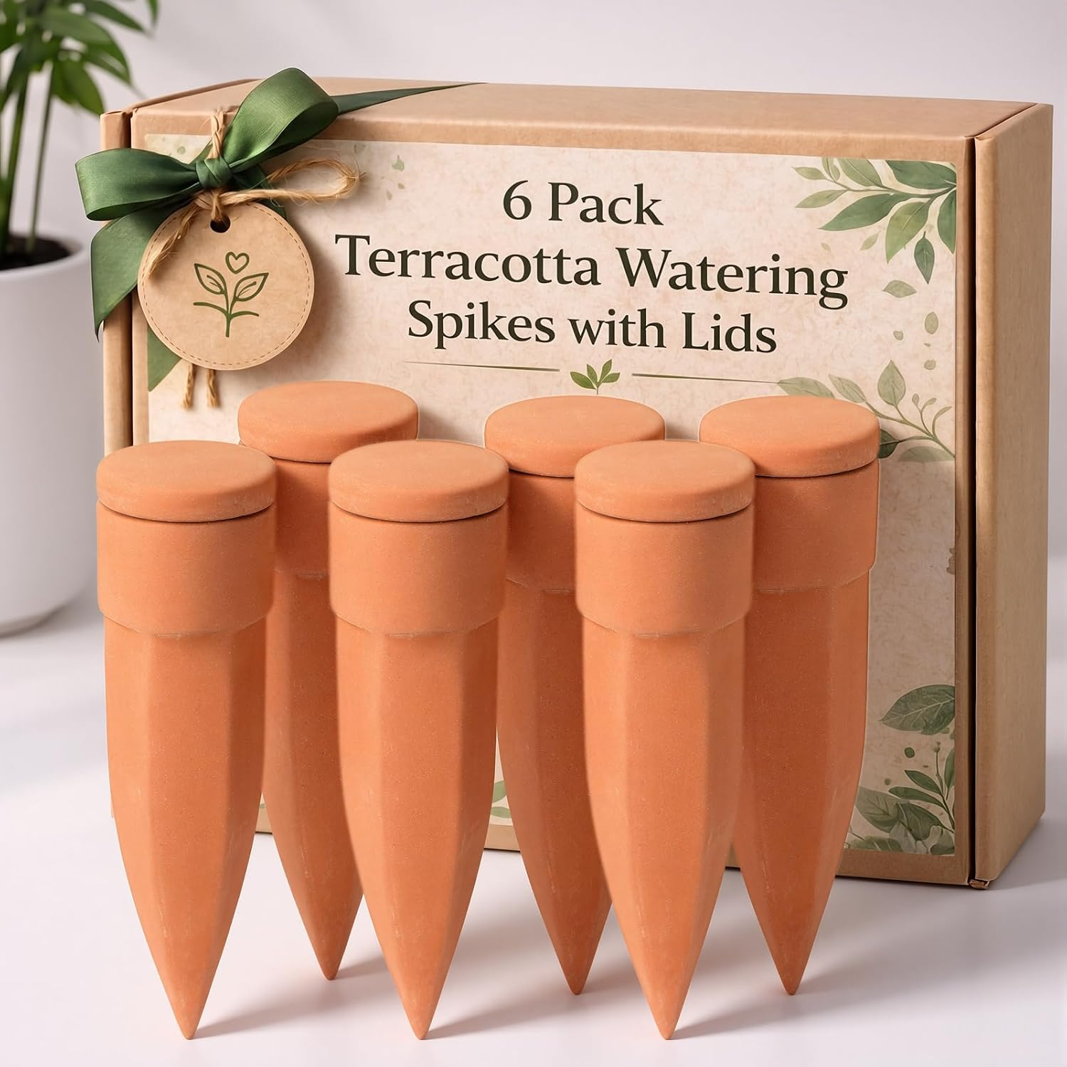 Honeydak 6Pcs Small Terracotta Watering Spike with Lid 7'' Garden Vacation