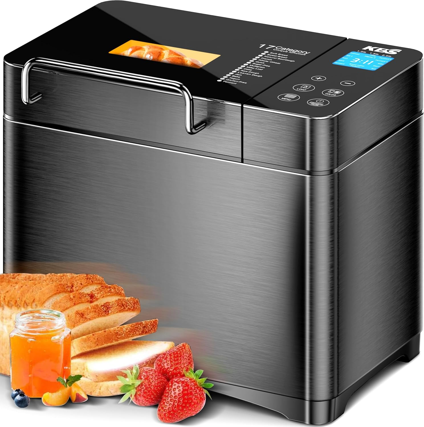 KBS Premium 2LB Convection Bread Maker Dual Heaters, 710W Stainless Steel 17-In-1 Bread Machine Healthy Ceramic Pan, Nut Dispenser,Touch Panel, 3 Loaf Sizes 3 Crust Colors, 15H Timer,Low Noise,Recipes