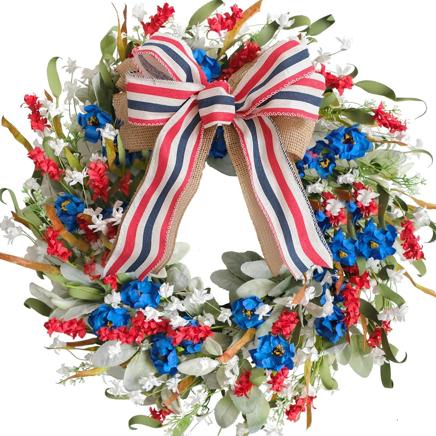 20 Inch Patriotic Red White Blue Flowers Wreath for Front Door, Forth of July Lamb Ears Leaves Wreath for inside and Outside, Memorial Day Independence Day Burlap Bow Home Decor