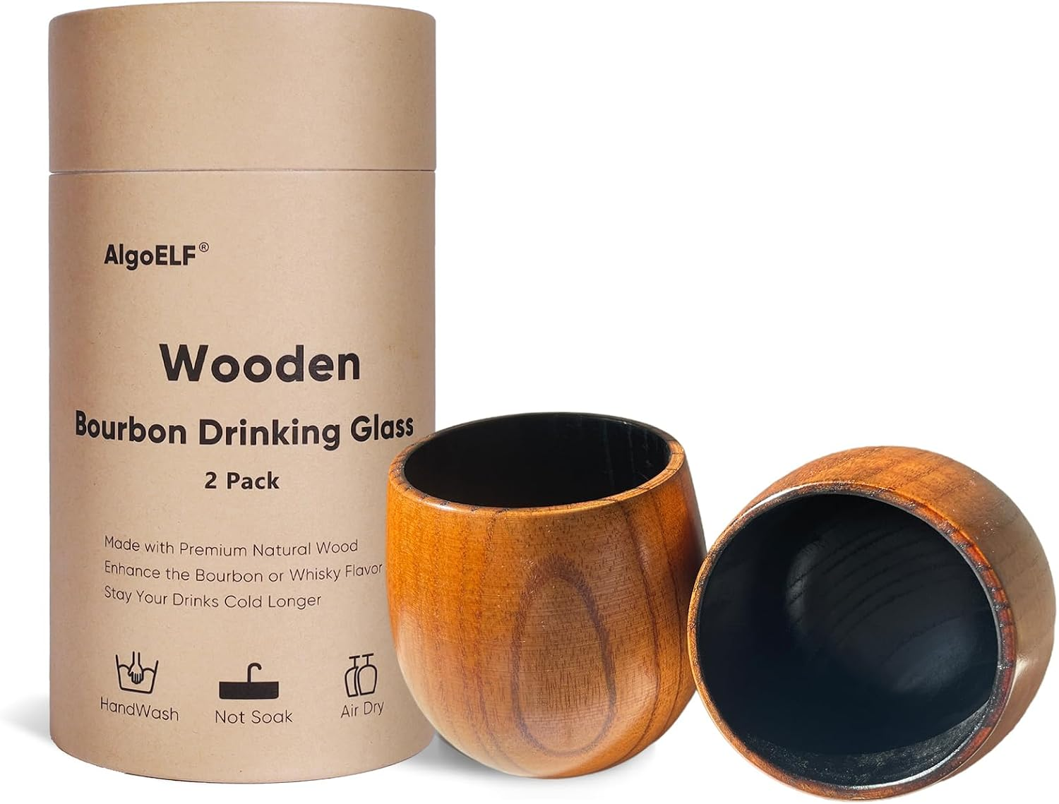 Charred Bourbon Glass Whiskey Cup Wooden Tumbler Set 2 Oak Barrel Aged Flavor En