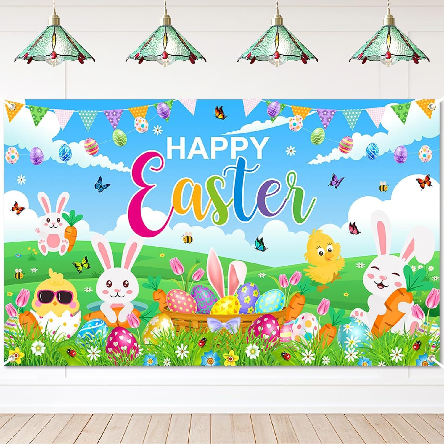 Happy Easter Banner Happy Easter Photography Background for Spring Party Decorations Rabbit Colorful Eggs and Chick Sign Green Grass Yard Banner 70.8 X 43.3 Inch