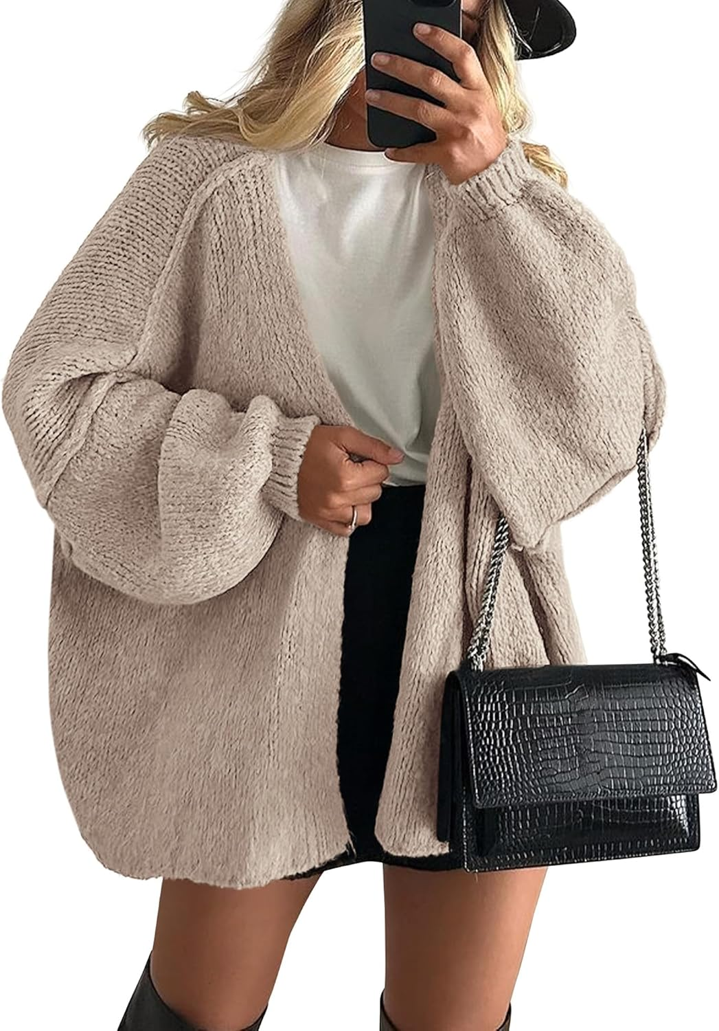 PRETTYGARDEN Women Oversized Knit Cardigan Lantern Sleeve Open Front Sweater