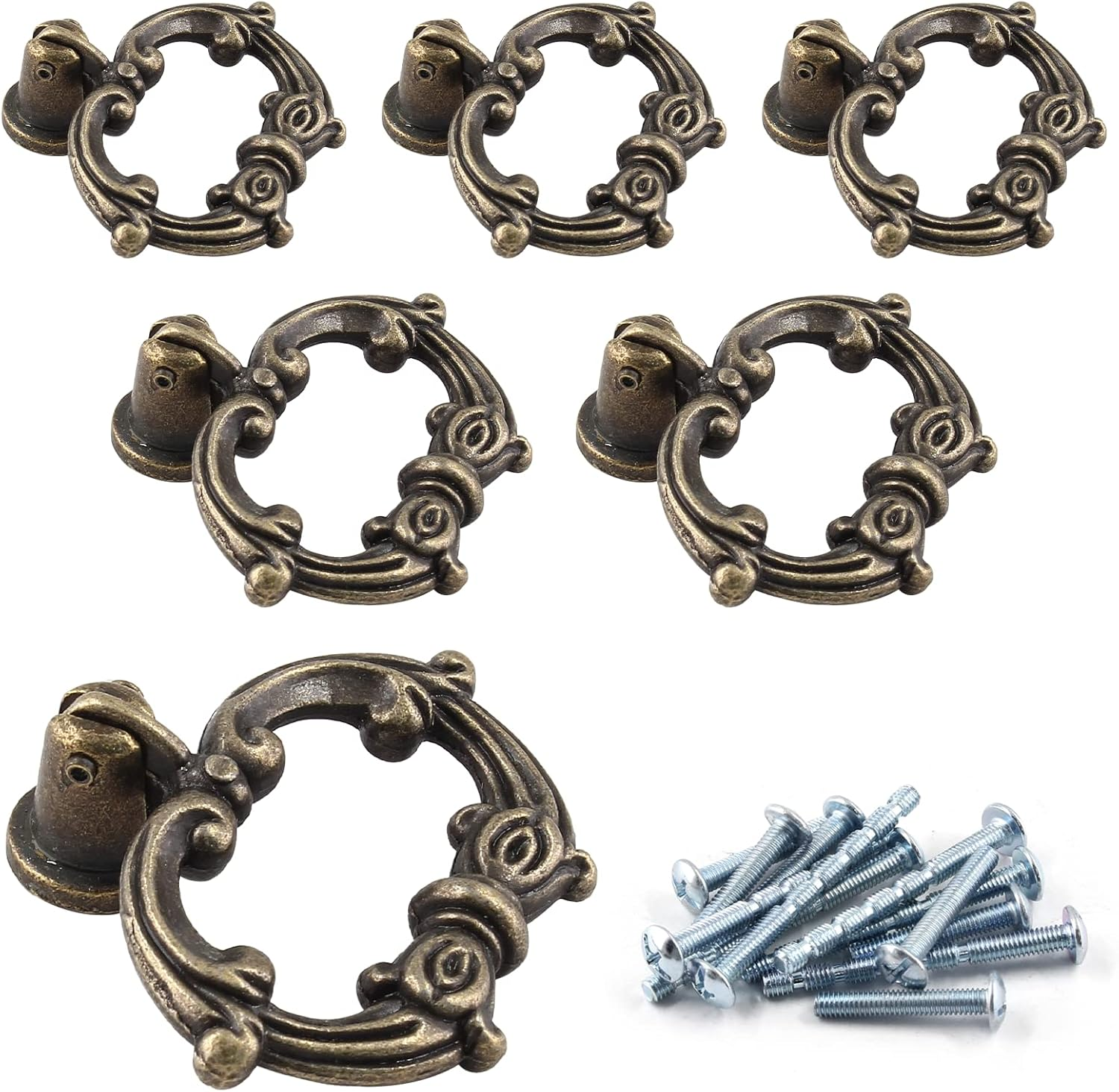 Luomorgo 6 Pcs Antique Bronze Drop Ring Drawer Pulls, Vintage Cabinet Pull Handles, Small Decorative Dresser Ring Pulls, Metal Pull Ring Handle for Kitchen Cabinets, Cupboard