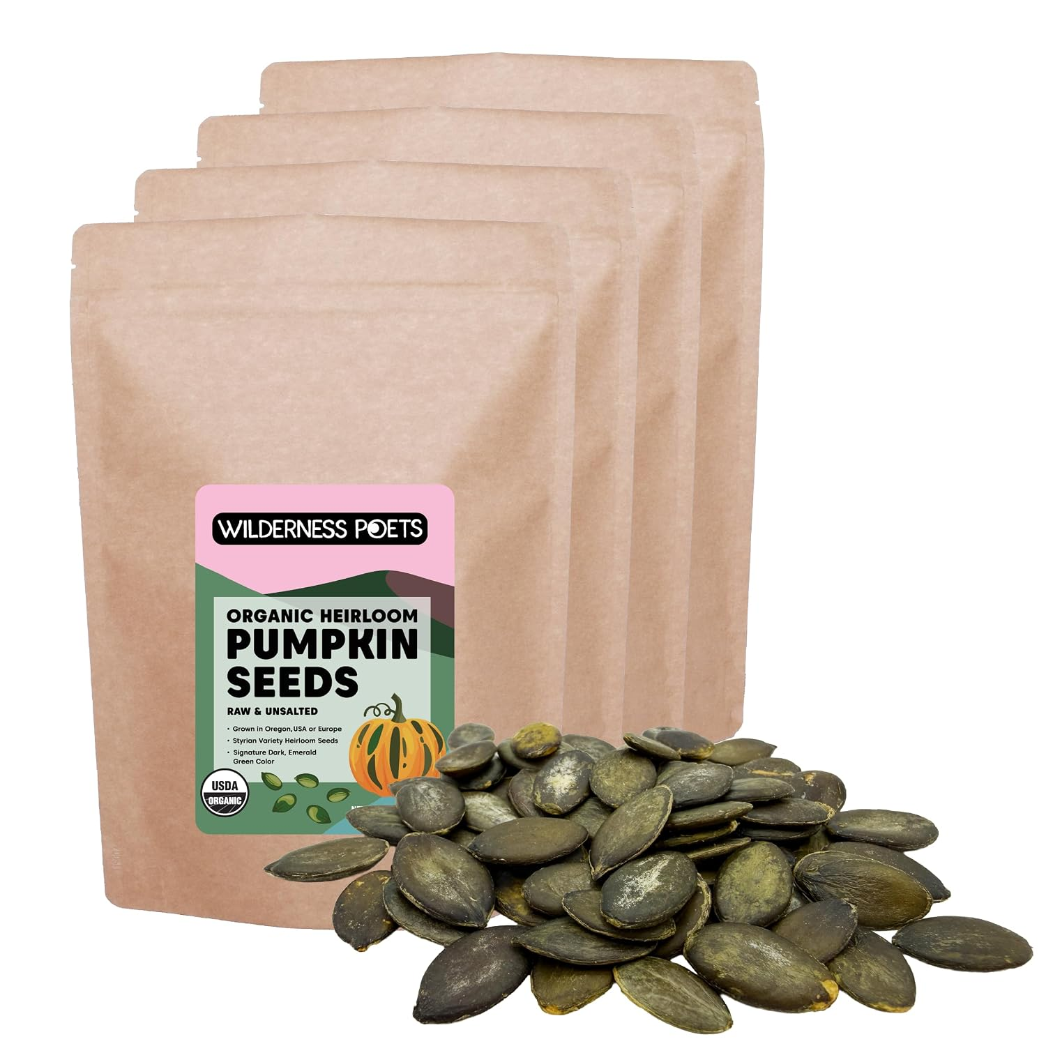 Wilderness Poets, Organic Heirloom Pumpkin Seeds - Styrian Variety, No Shells, Naturally Hulless. Unsalted, Bulk Size, Grown in Oregon, USA or Europe - 5 Pound (Pack of 4)