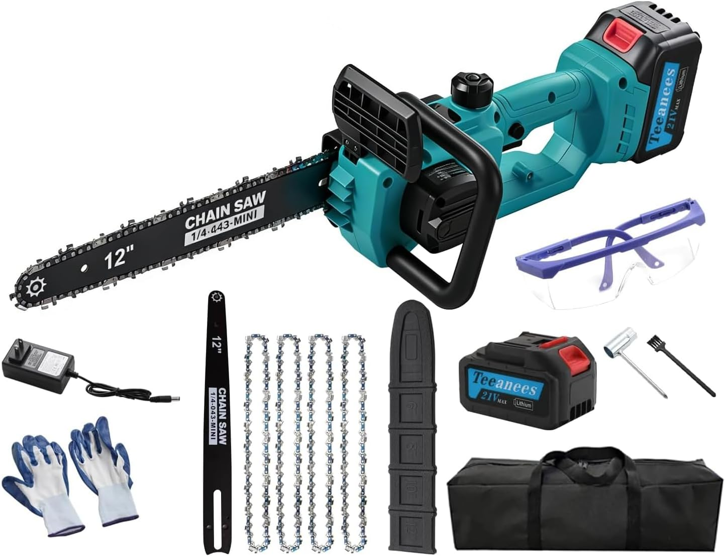12" Brushless Cordless Chainsaw, 1200W High Power Electric Chainsaw with Auto Oiler & Safety Lock, 14M/S Fast Cutting Portable Saw with 4.0Ah Battery & 4 Chains for Tree Pruning (Blue - 1 Battery)