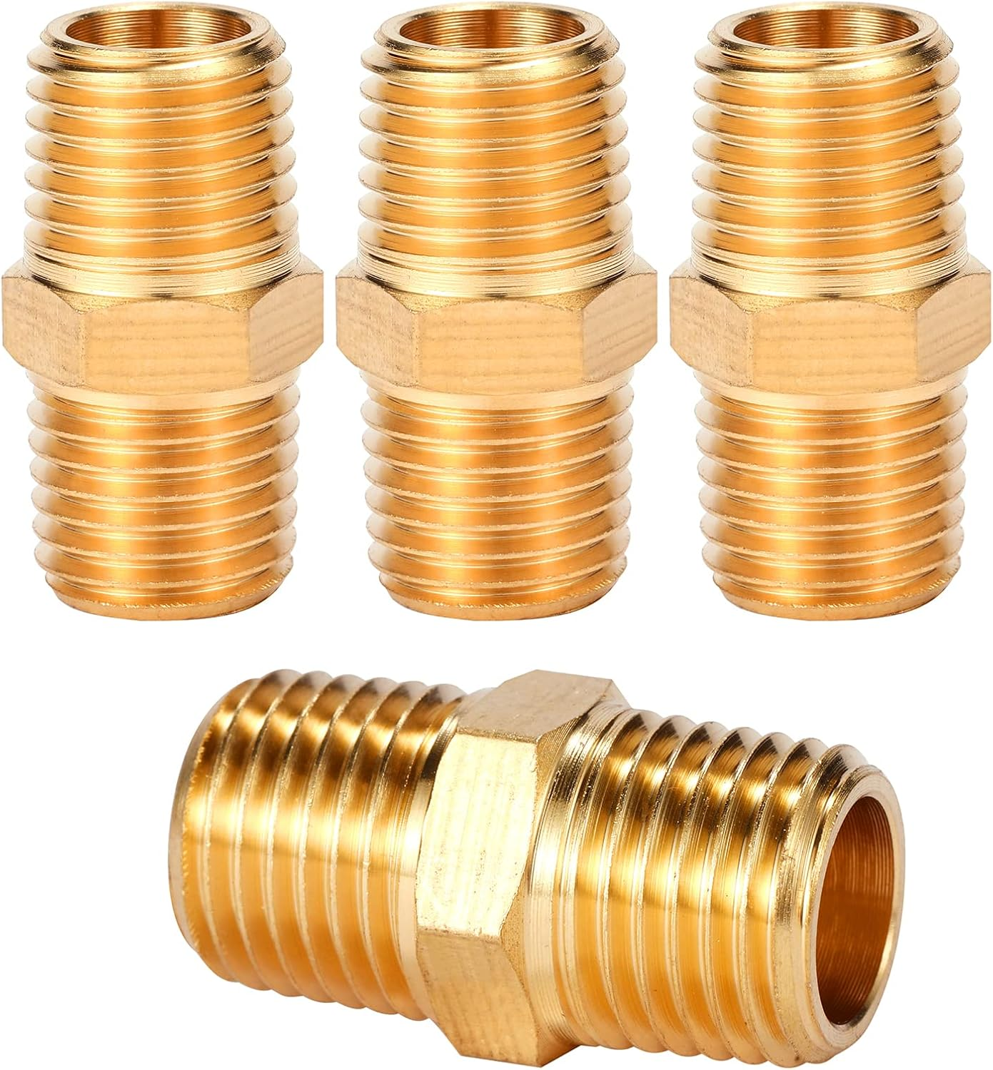 4 Pcs Solid Brass Pipe Fitting, Hex Nipple, 1/4
