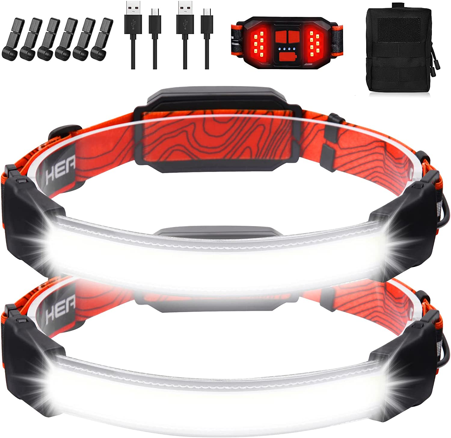 Headlamp Rechargeable 2 Packs,1500 Lumen 6 Modes LED Headlamp with Tail Red Light(Individual Control),Wide Beam Illumination Waterproof Lampe Frontale,Head Lamp for Running Hardhat Headlight