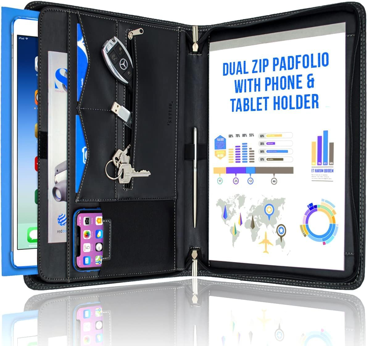 STYLIO Zipper Padfolio Portfolio Binder Organizer | Faux Leather Portfolio For