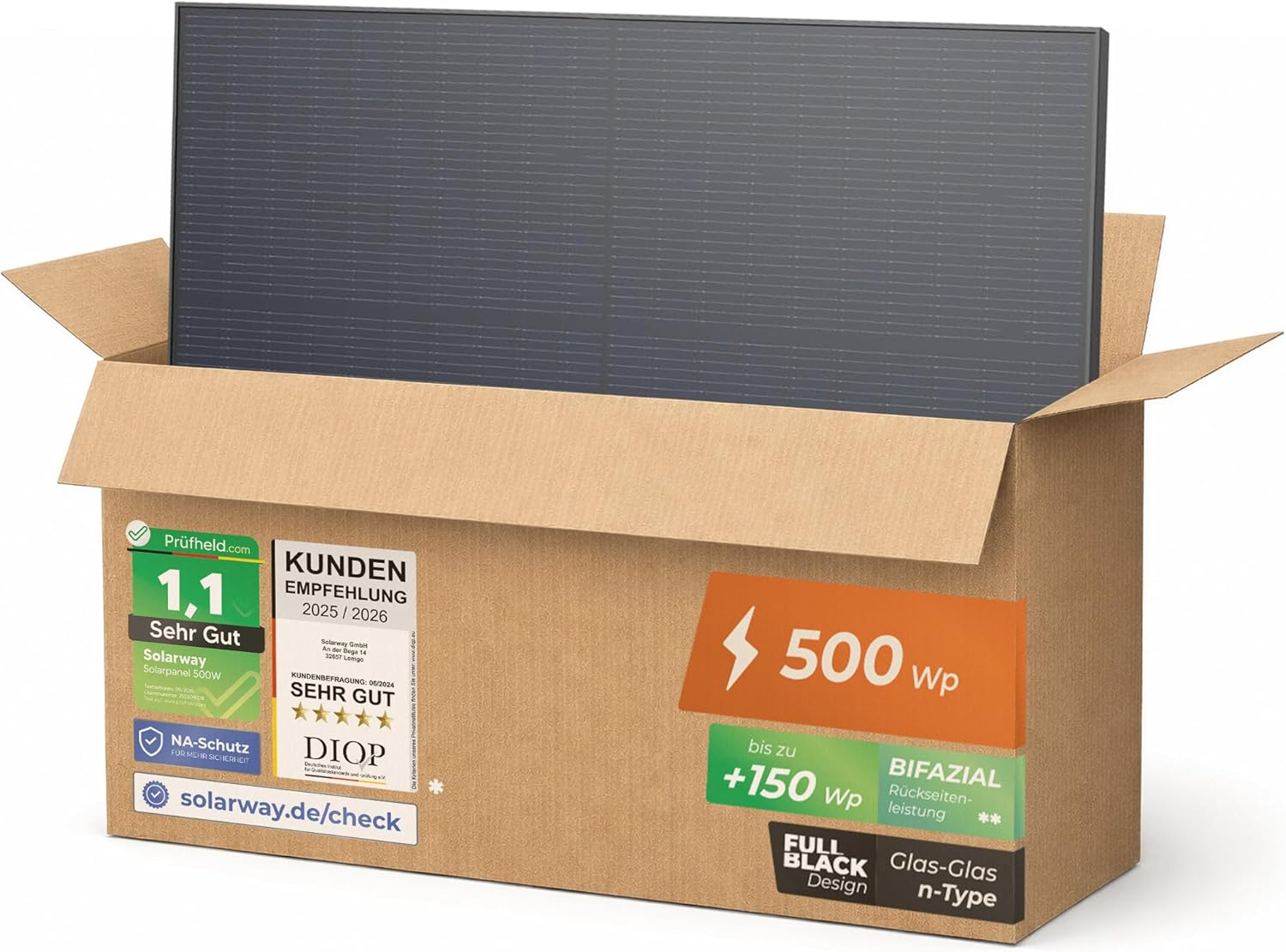 Solarway 500W Solarpanel Full Black Bifazial Glas/Glas PV Panel Mit Positiver Leistungstoleranz Von 0-5 Watt, N-Type, Geeignet Für Balkonkraftwerk