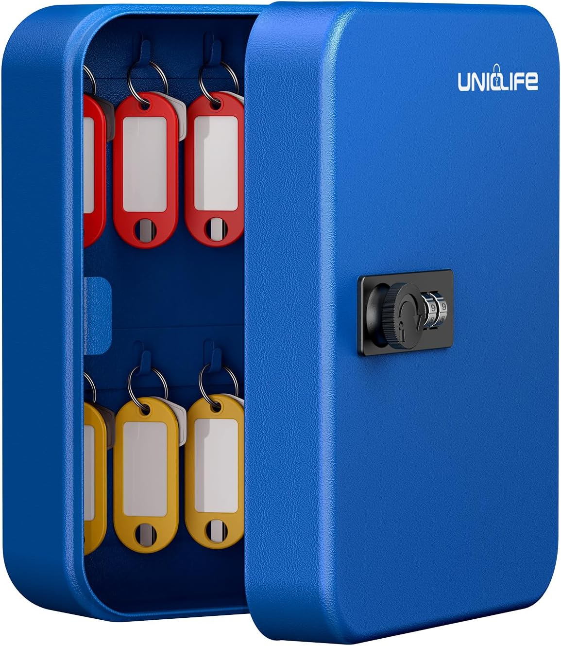 20 Position Key Cabinet with Combination Lock Resettable Blue Digital Security Storage Box Steel Key Organizer with Colorful Key Tag Labels Stickers and Hooks