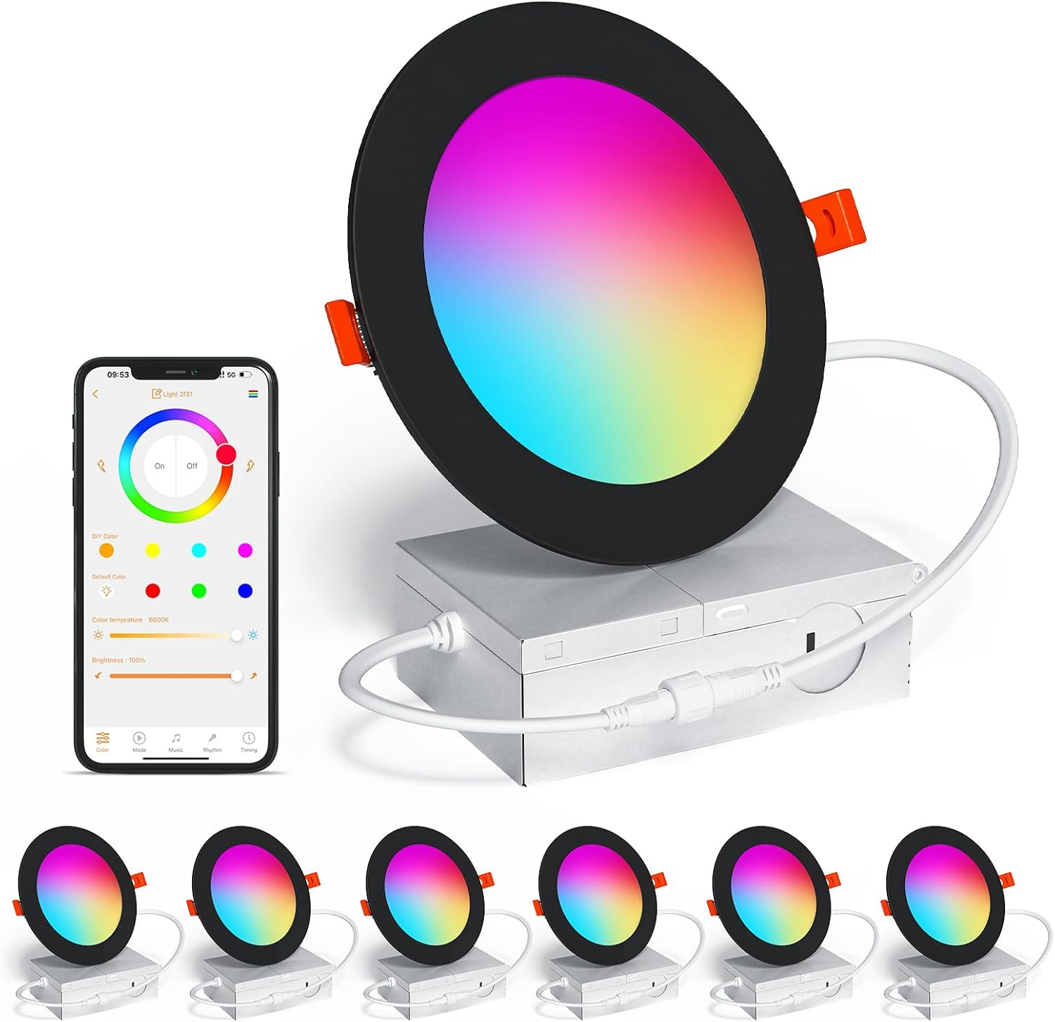 SikSog Black Smart Recessed Lighting 6 Inch RGBCW Color Changing 16W LED Downlight with Junction Box,1350 Lumen Recessed Ceiling Light Compatible with Alexa,Dimmable by Bluetooth Control -6Pack
