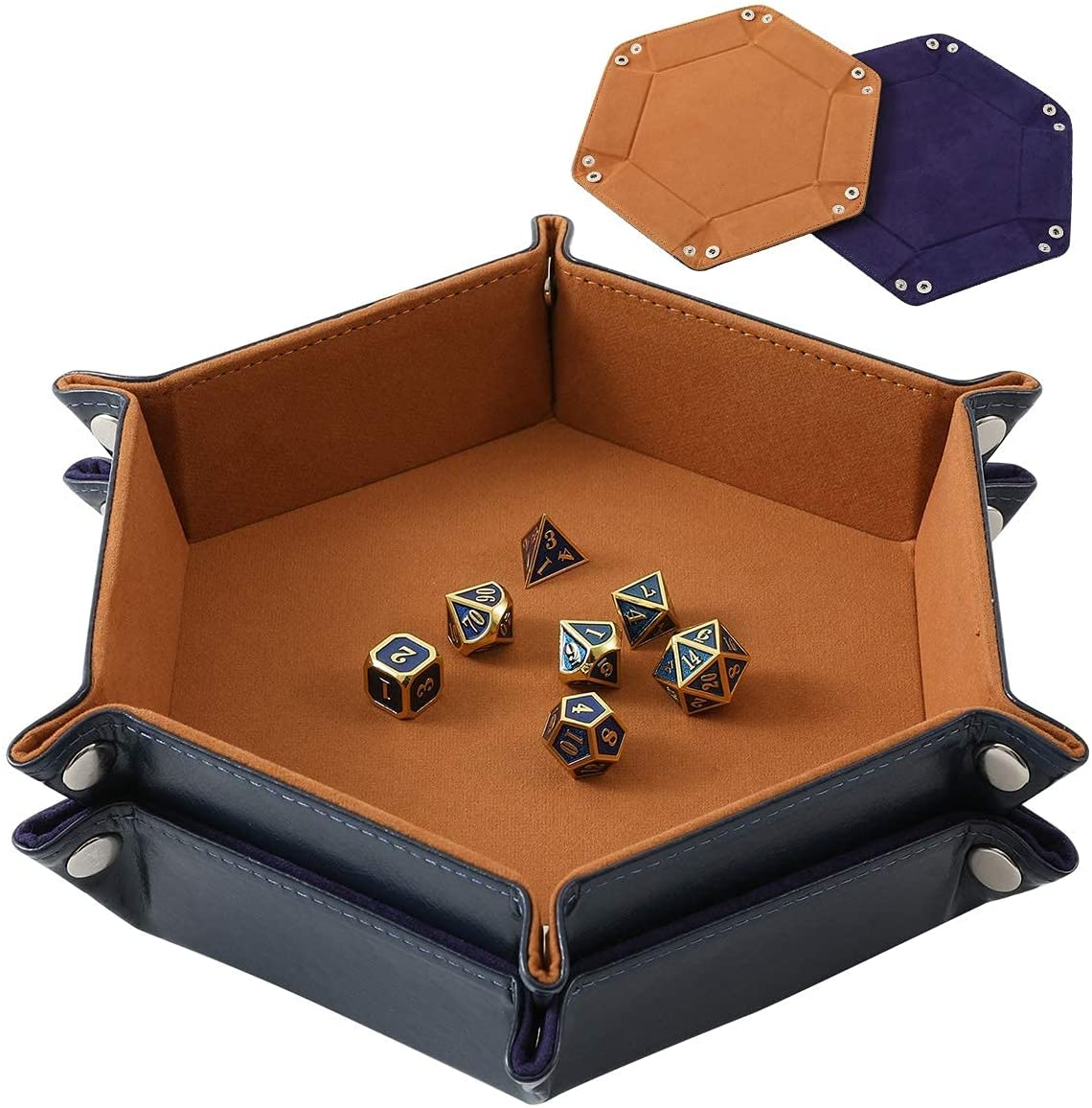 Grajar 2 Pcs Portable Folding Dice Rolling Tray Set for RPG DND Table Games - PU Leather and Velvet Holder Storage Box - Navy Blue and Camel