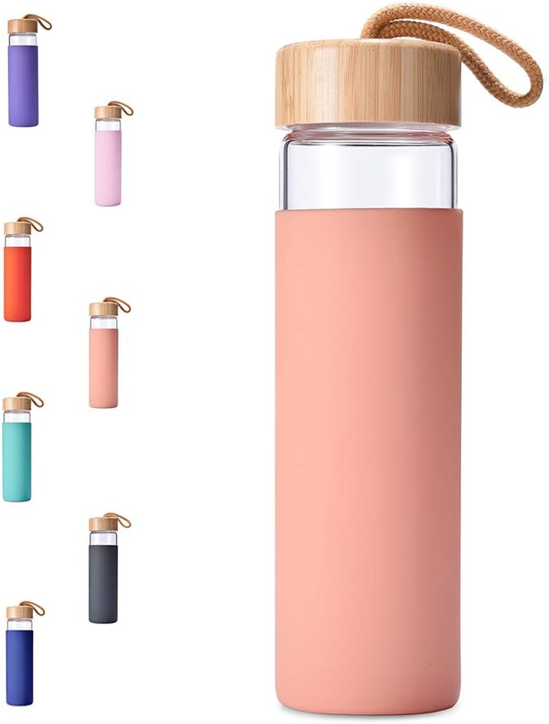 Yomious 20 Oz Borosilicate Glass Water Bottle with Bamboo Lid - Blooming Dahila