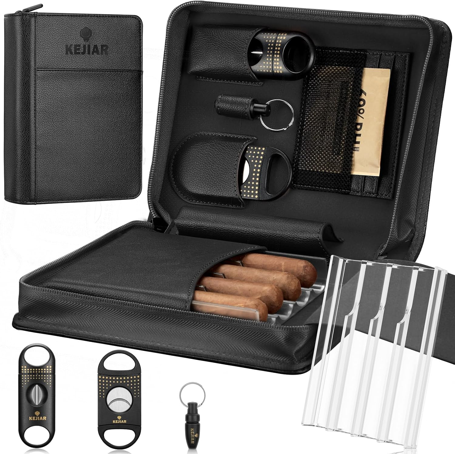 Cigar Humidor Case, Portable Cigar Box with Cigar V Cutter, Straight Cigar Cutter, Cigar Punch, Cigar Humidifier Packs,  Humidor and Cigar Accessories Gift Set Leather Cigar Case (Black)