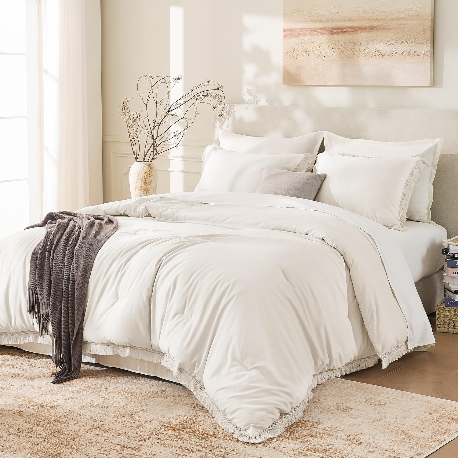 Andency King Size Comforter Set Beige, 3 Pieces Boho Lightweight Tassel Fluffy Bedding Comforters & Sets, Soft All Season Bed Set (104X90In Comforter & 2 Pillowcases)