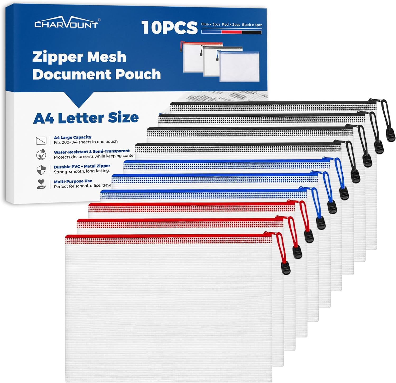 A4 Mesh Zipper Pouch Bags, Waterproof Plastic Document Organizer Folders, Multipurpose File Bags for Office, School, Toys, Board Games, Puzzles, Travel, and Home Storage Supplies-10 Pack