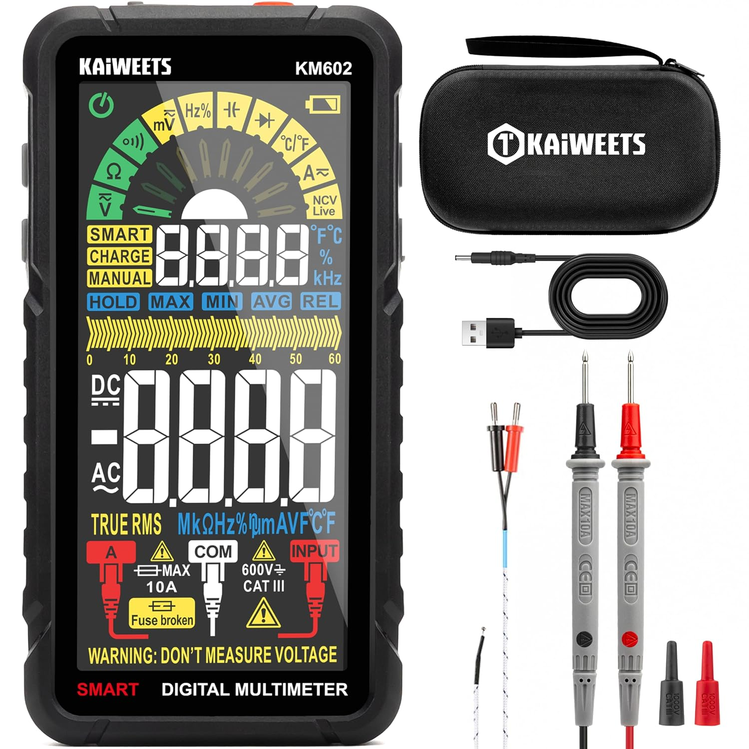 Smart Multimeter Rechargeable Electrical Tester with Auto Ranging Digital Voltmeter Measures Voltage Current Resistance Continuity Capacitance Temperature Frequency NCV 6000 Counts TRMS