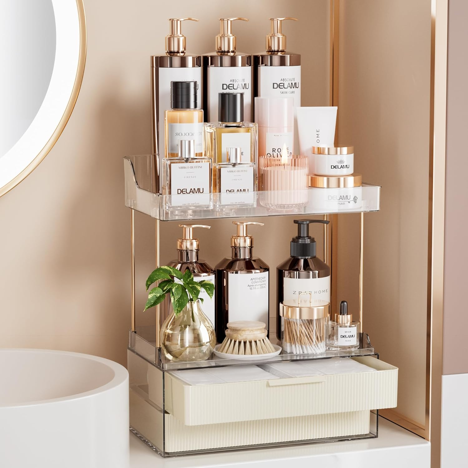 2-Tier 2-Drawer Bathroom Organizer Countertop, Multi-Purpose Makeup Organizer Countertop, Large Skincare Organizers, Exquisite Vanity Organizer, Cream White