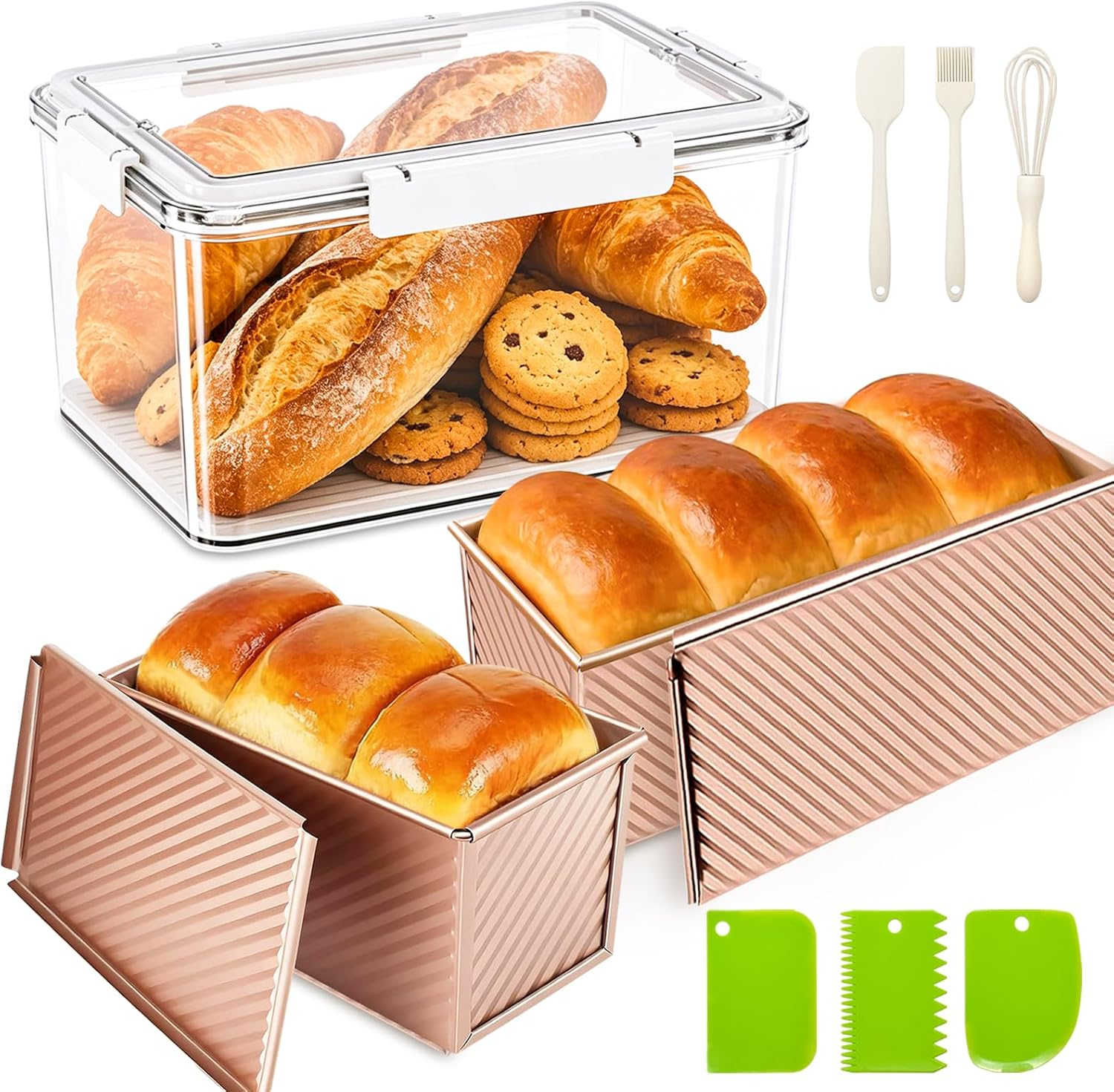 3Pack 1LB Bread Loaf Pan with Lid + Bread Storage Container, Nonstick Bread Pans with Lids for Homemade Sandwich Bread, Pullman Bread Baking Pans & Breadbox for Homemade Bread