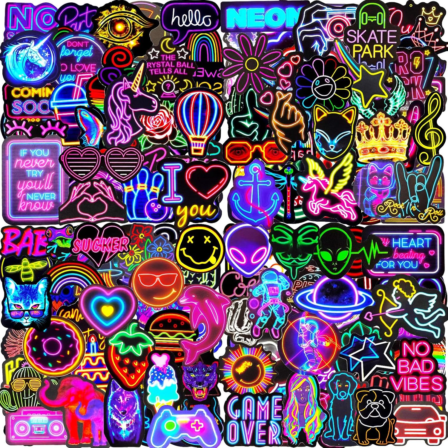 Water Bottle Stickers 200 Pcs Cool Neon Sticker Packs, Prizes for Kids Classroom Reward, Waterproof Vinyl Stickers for Water Bottles Laptop Skateboard Scrapbooking Journaling Notesbook Luggage Etc
