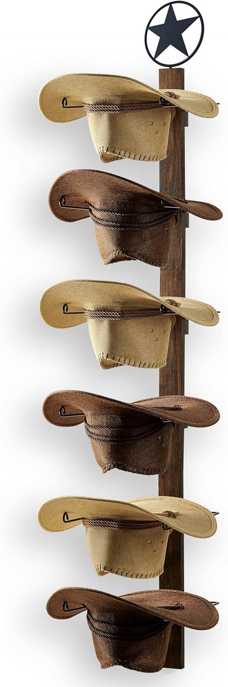 Cowboy Hat Holder Wall Mount Rack 6 Piece Western Hat Organizer Wooden