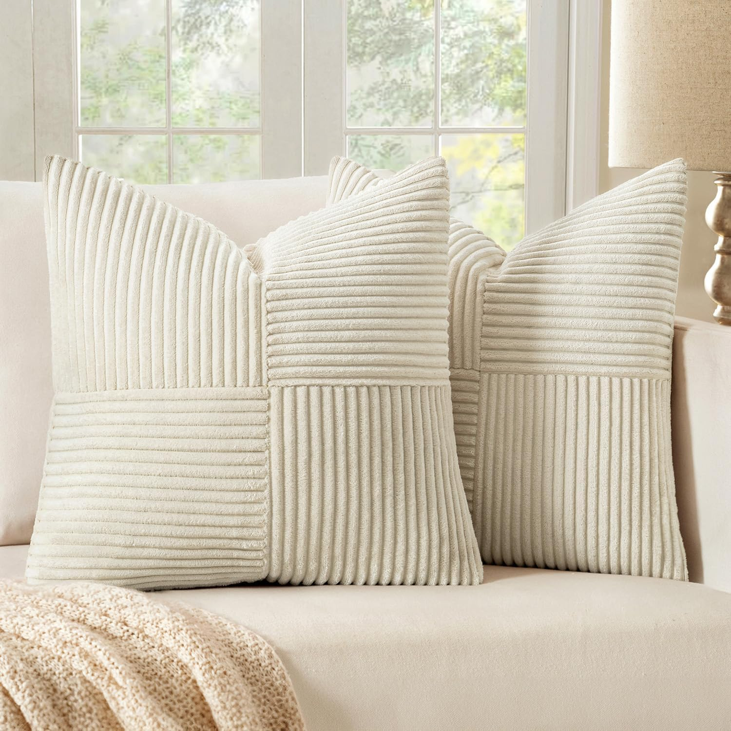 Beige Corduroy Pillow Covers Pack of 2 Boho Decorative Spliced Throw Pillow Covers Soft Solid Couch Pillowcases Cross Patchwork Textured Cushion Covers for Living Room Bed Sofa 18x18 inch