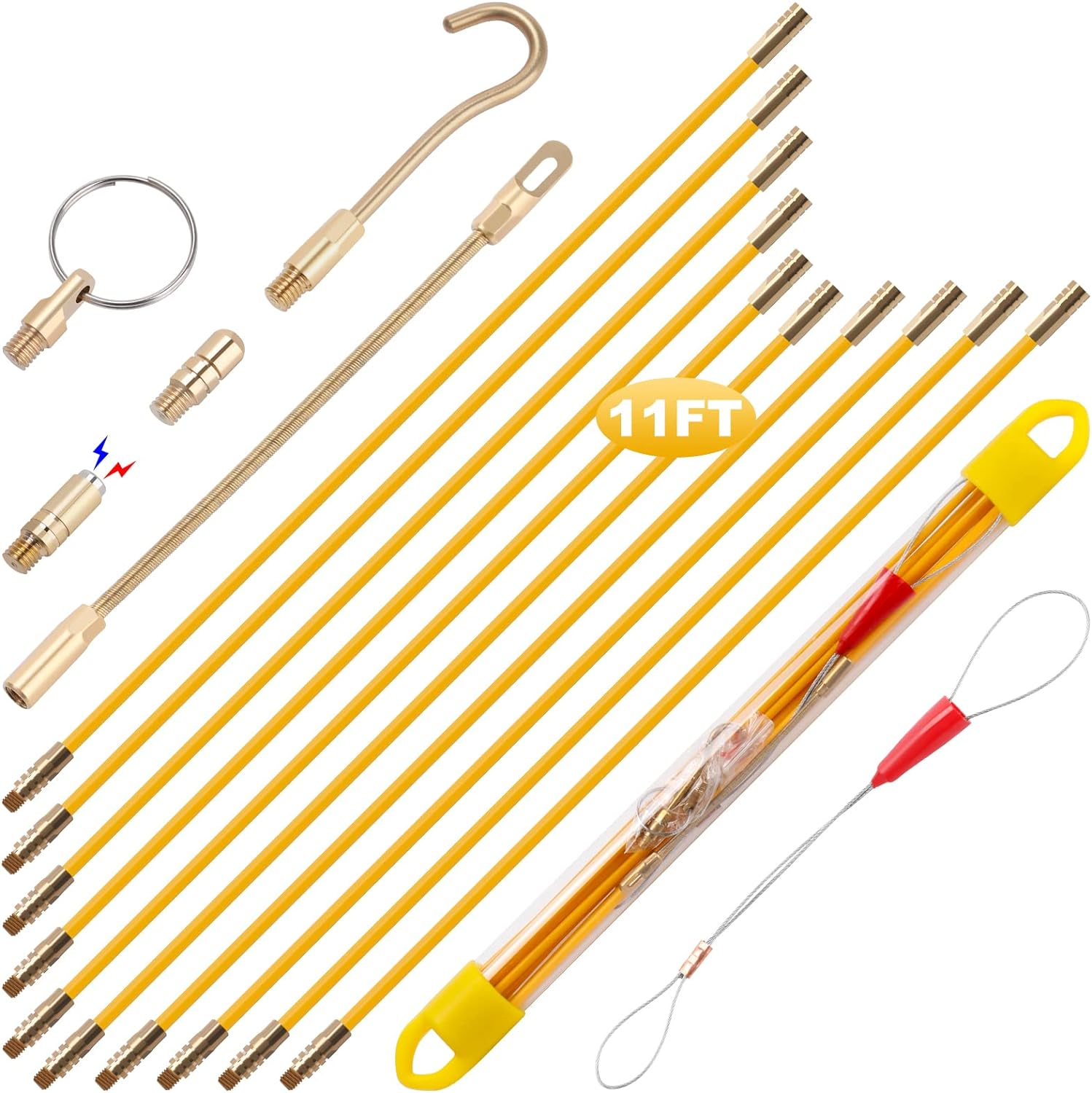 11' Fiberglass Running Electrical Wire Cable Pulling Fish Tape Kit with 5 Different Attachments and Fish Tape Tool in a Carrying Case