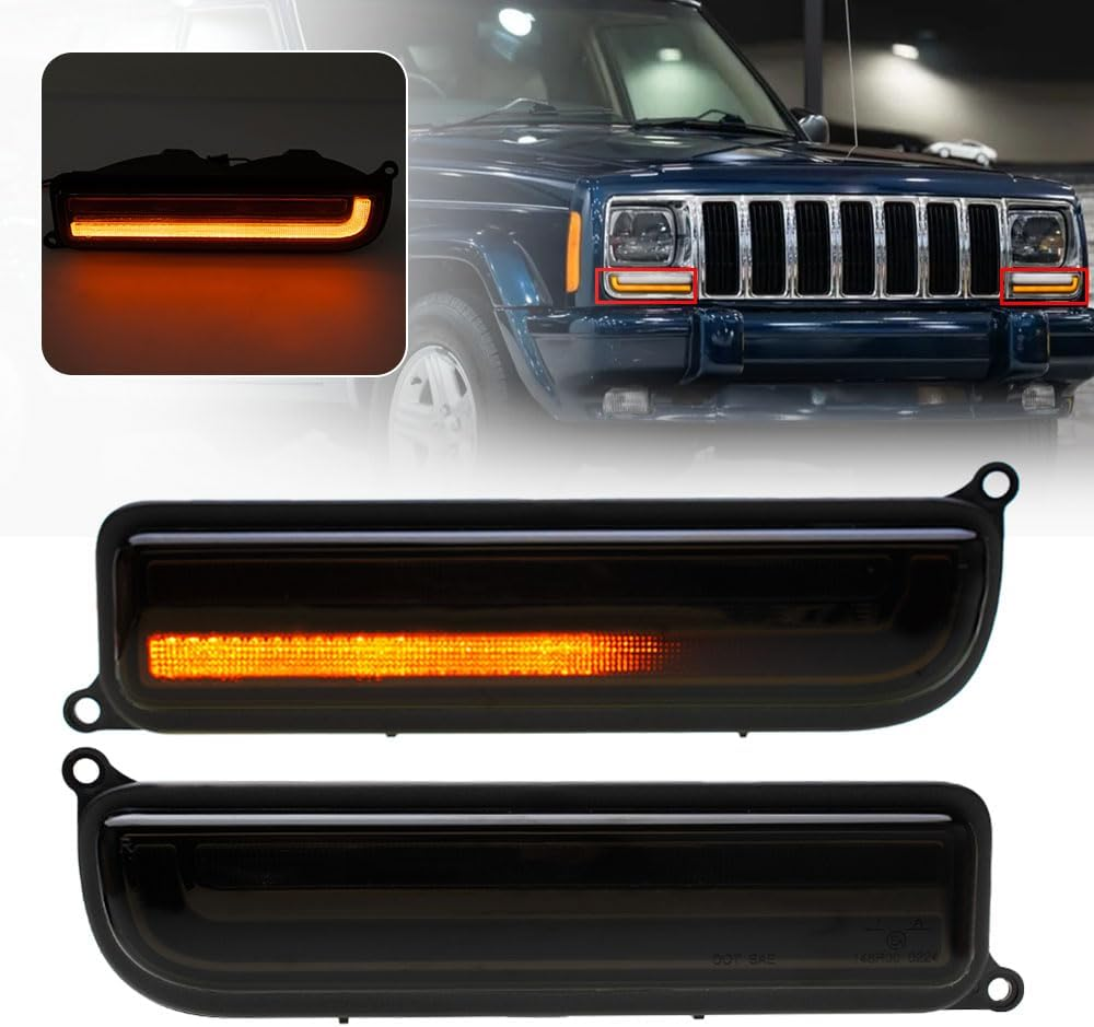 2PCS Sequential Led Front Turn Signal Lights for 1997-2001 J'Eep Cherokee XJ Amber Led Bumper Signal Lights White Parking Light Front Corner Side Marker Lamps OEM Replacement 55055142 Smoked Lens