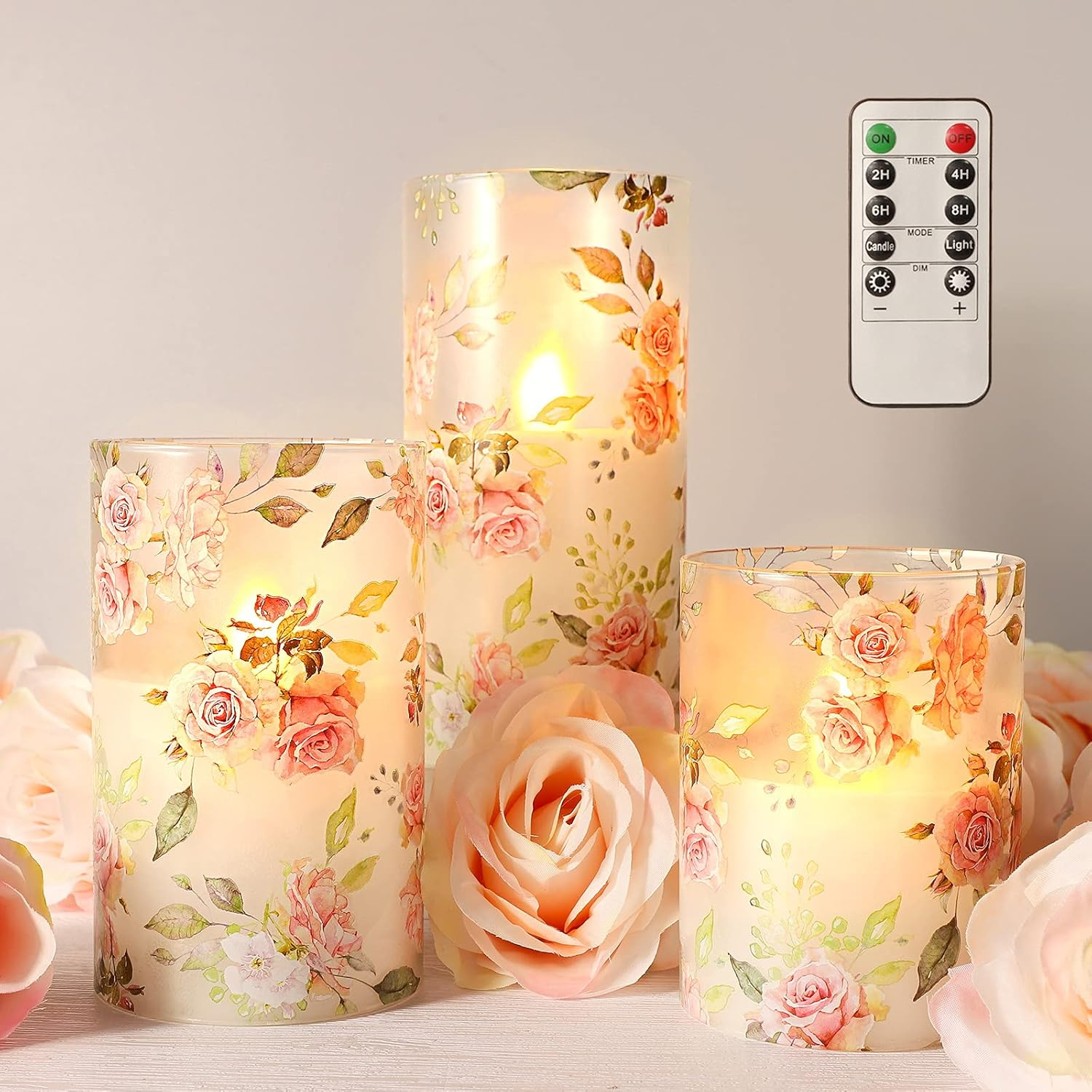 Pink Flameless Candles with Remote Timer, Flickering Glass Candles, Love Themed Decor Battery Led Pillar Candles, Rose Table Ornaments for Mother Gifts,Valentine'S Day, Centerpiece