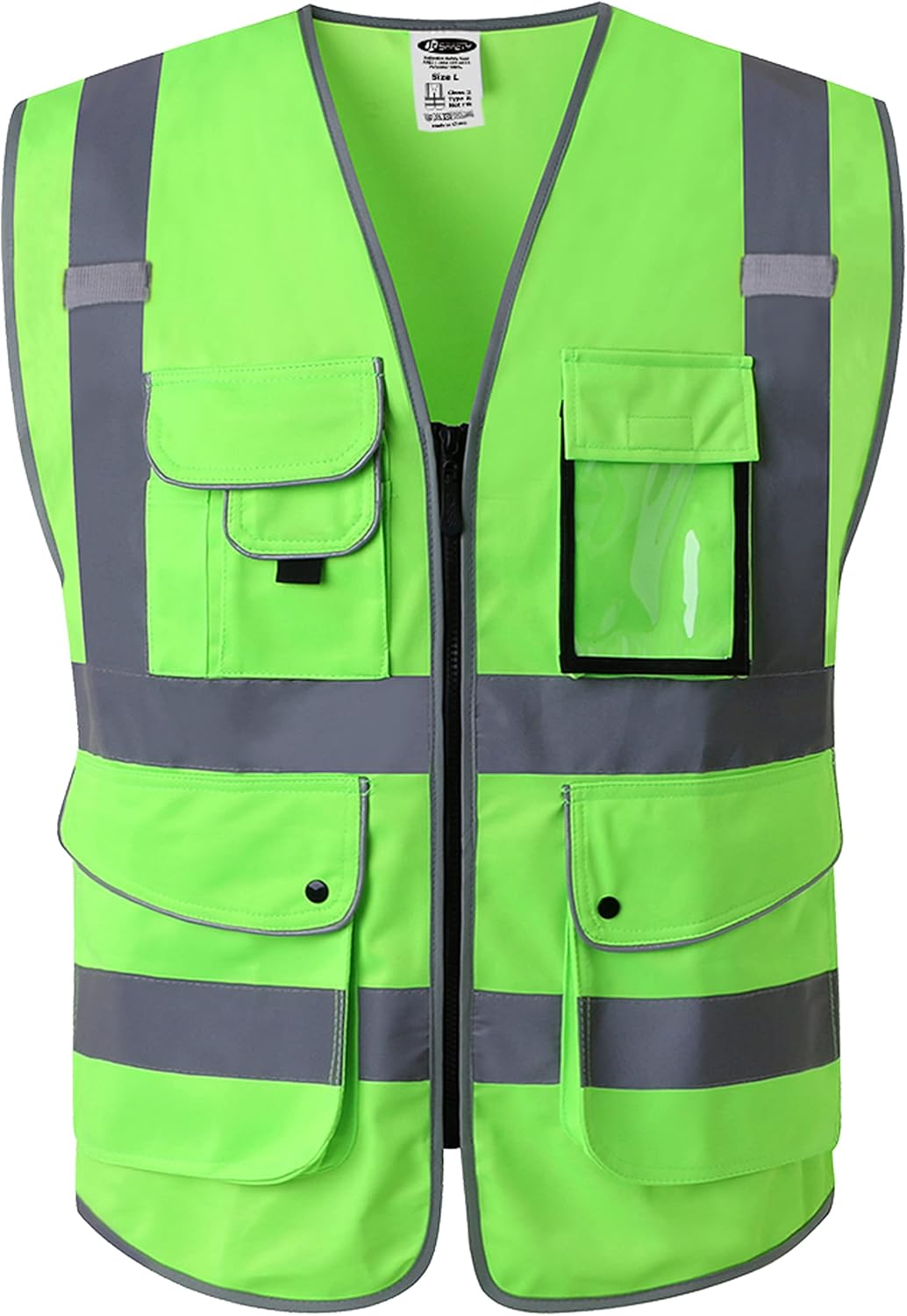 9 Pockets Class 2 High Visibility Zipper Front Safety Vest with Reflective Strips, Meets ANSI/ISEA Standards (Medium, 150-Green)