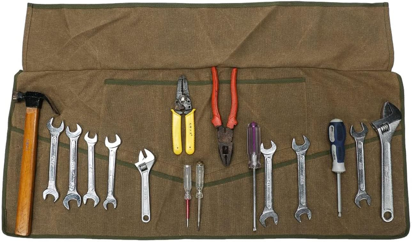 Super Tool Roll, Waxed Canvas Tool Pouch, Multi-Purpose Wrench Organizer, Waterproof Roll up Tool Bag with 26 Pockets for Electrician, HVAC, Plumber, Carpenter or Mechanic,Large Socket Storage Case