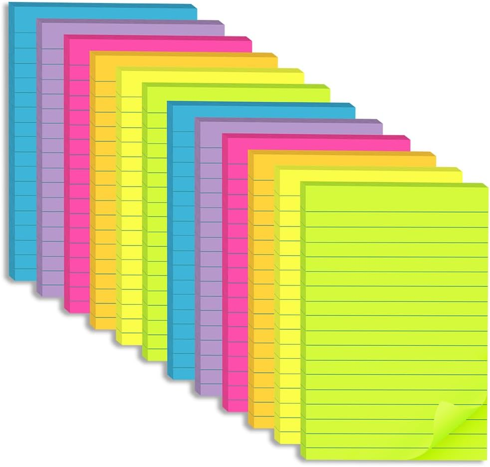 (12 Pack) Lined Sticky Notes 4X6 In,Large Notepads with Lines,Ruled Stickies Super Sticking Power,Office School Memo Note Pads Bright Colors,Post on Windows Doors,Recyclable,Easy to Write On