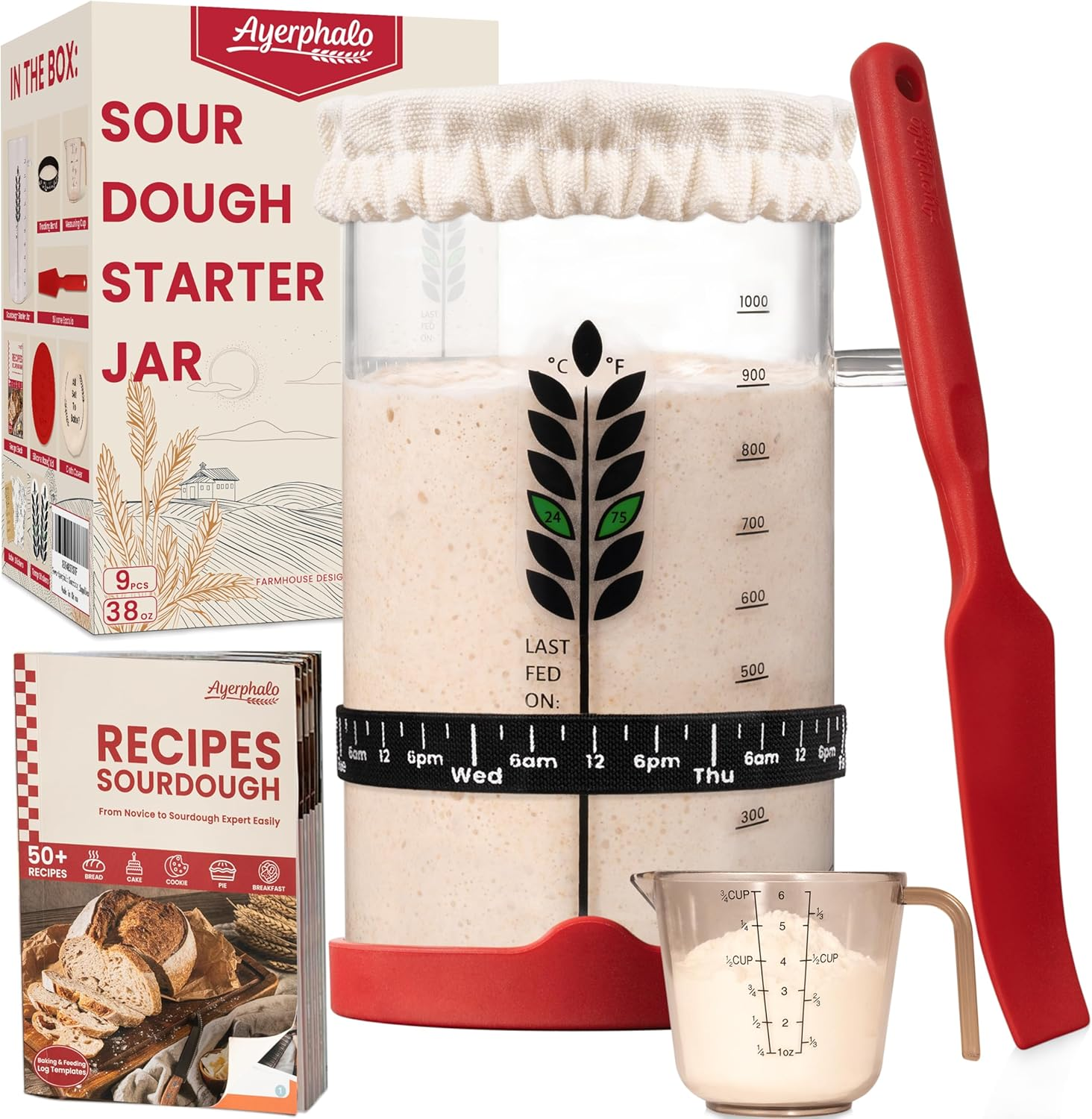Sourdough Starter Kit - 38Oz with Cookbook, Measuring Cup, Spatula, Wide Mouth Jar Cover, Thermometer, Date Marked Feeding Band, Glass Jar for Baker, Bread Baking Supplies