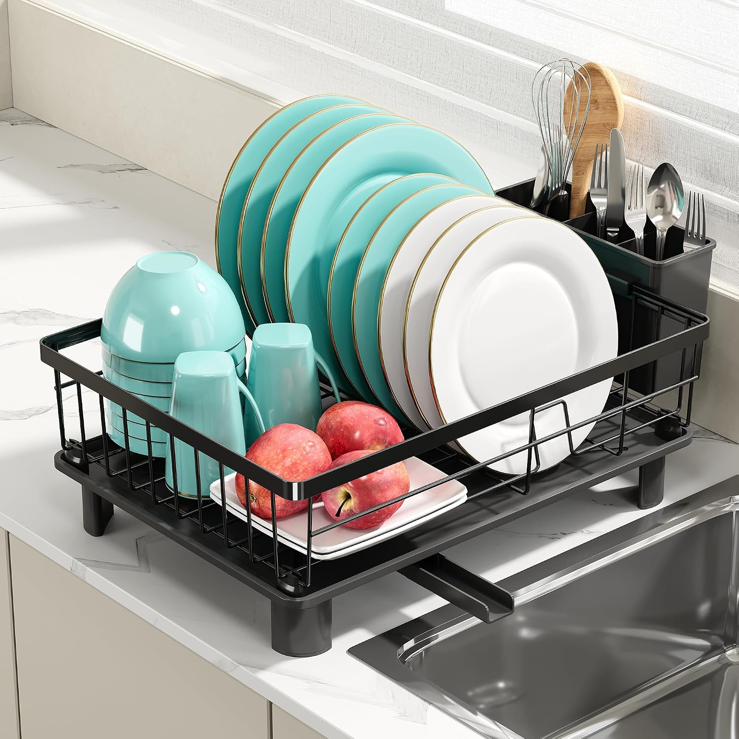Rustproof Dish Drying Rack with Automatic Drainage Drainboard | Stainless Steel, Space Saving, with Utensil Holder, for Kitchen Counter, for Drying Washed Tableware, 1 Tier, Black