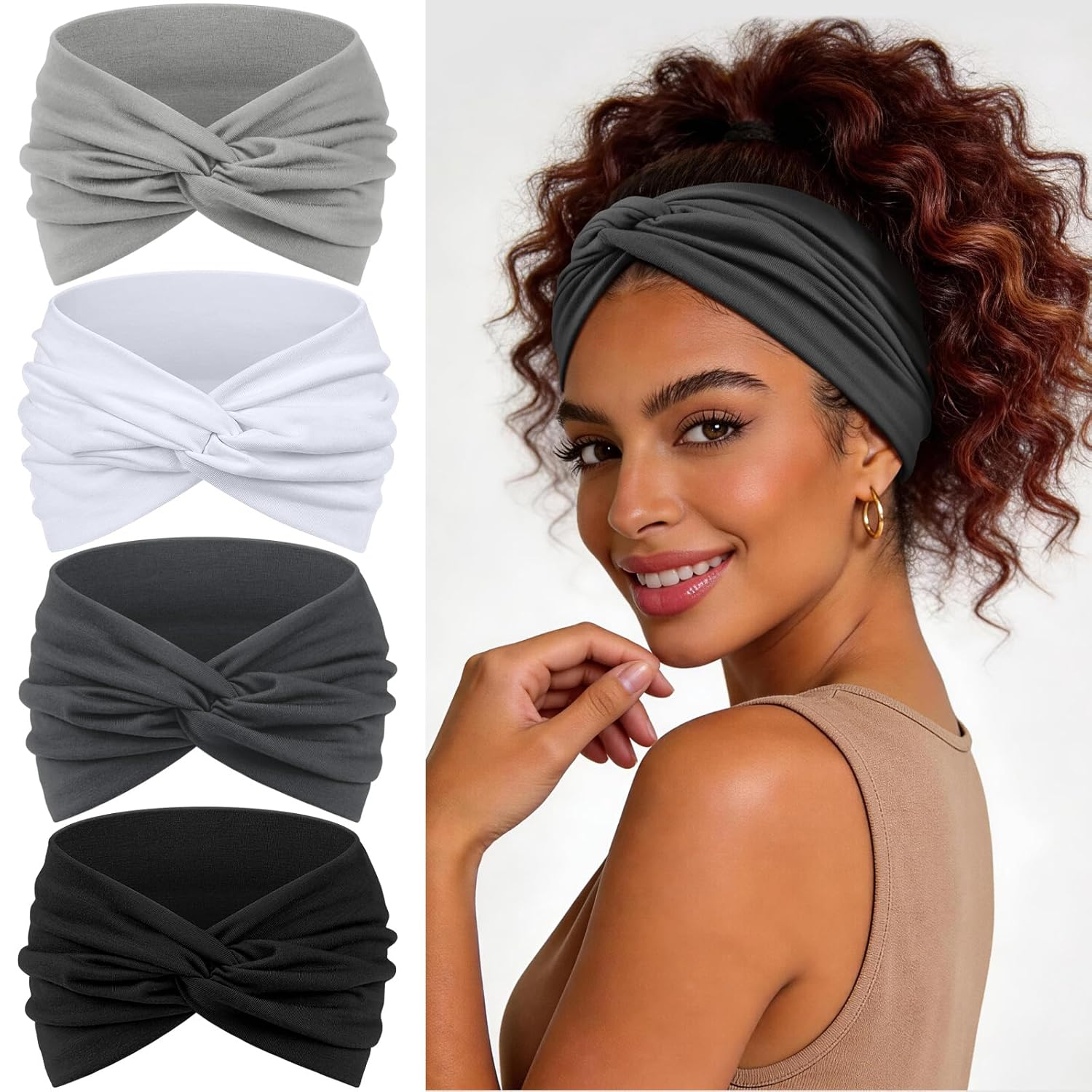 Wide Headbands for Women's Hair, 4 Pcs Hair bands – Vintage Turban Elastic Head Bands Adult Women Soft Head Wraps Knotted for Yoga & Workout – Summer Fashion Hair Accessories (gray)