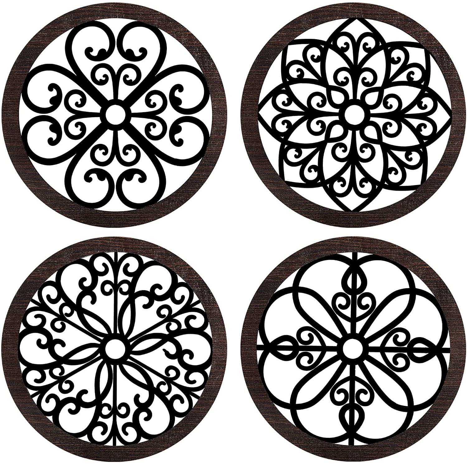 Yulejo 4 Pcs Thicken Rustic Wall Decor Farmhouse Kitchen Wall round Art Wooden Hollow Carved Design Rustic Art for Living Room Bedroom Hallway Decor (9.8 X 9.8 Inch,Black, Brown)