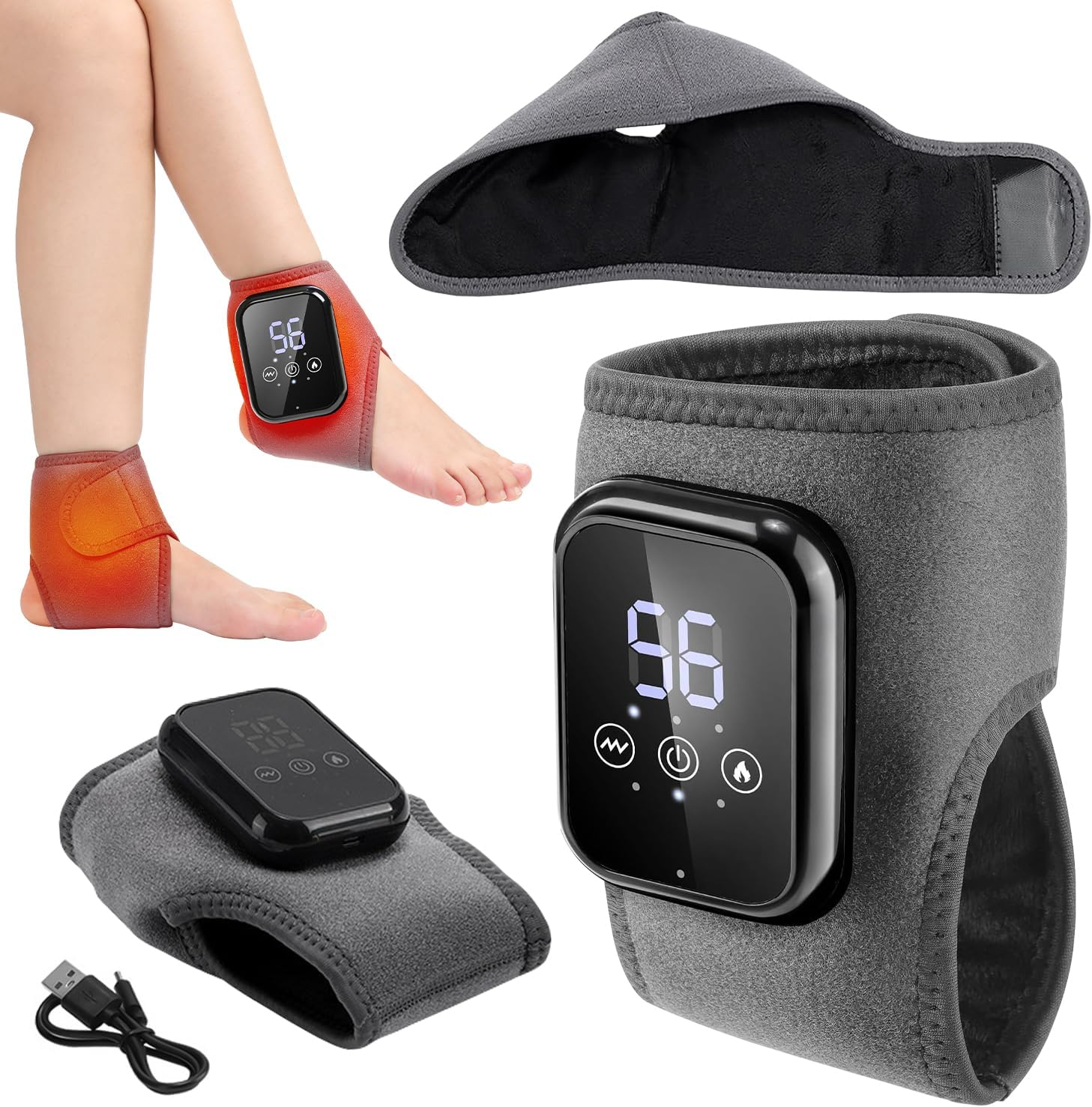Foot Massager for Pain Relief, 3-In-1 Wireless Ankle Massager with 3 Levels Heat & Vibration Adjustable, Auto Shut-Off, Cord-Free Use for Home/Office/Travel (Grey)