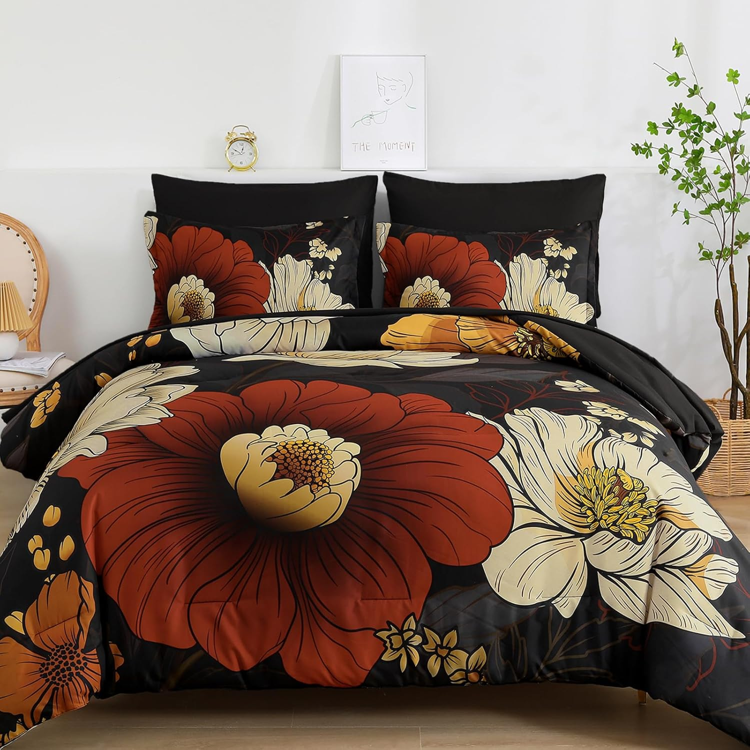 Black Floral Comforter Set Queen Size 7 Pieces Bed in a Bag Flower Bedding Sets Lightweight Boho Bed Set with Sheet,Pillowcases&Shams for All Season