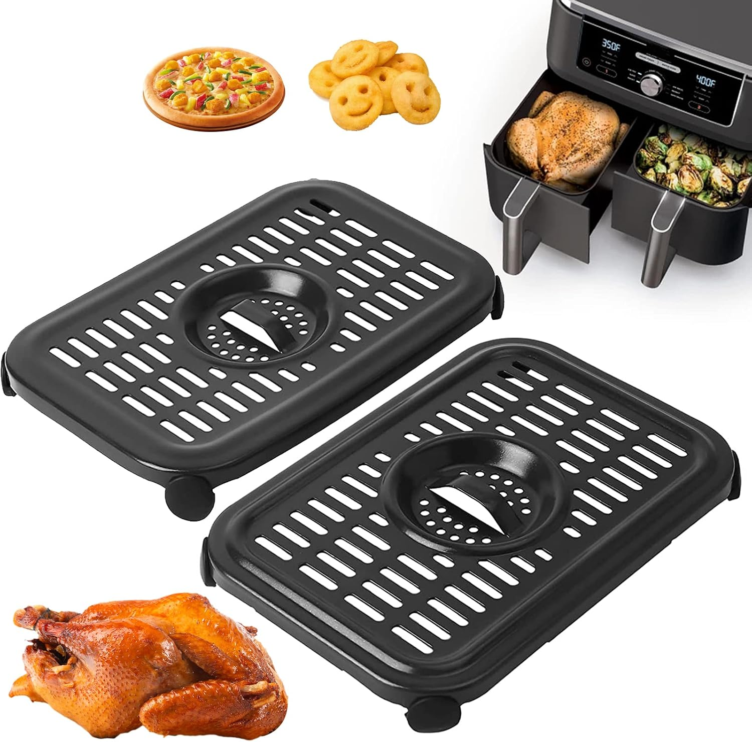 GCQ Air Fryer Grill Pan for Ninja AF300UK DZ300UK 6 in 1 7.6L Dual Zone Digital Air Fryers,2 Packs Replacement Air Fryer Crisper Plate Grill Plate Tray Accessories with Rubber Bumpers, Dishwasher Safe