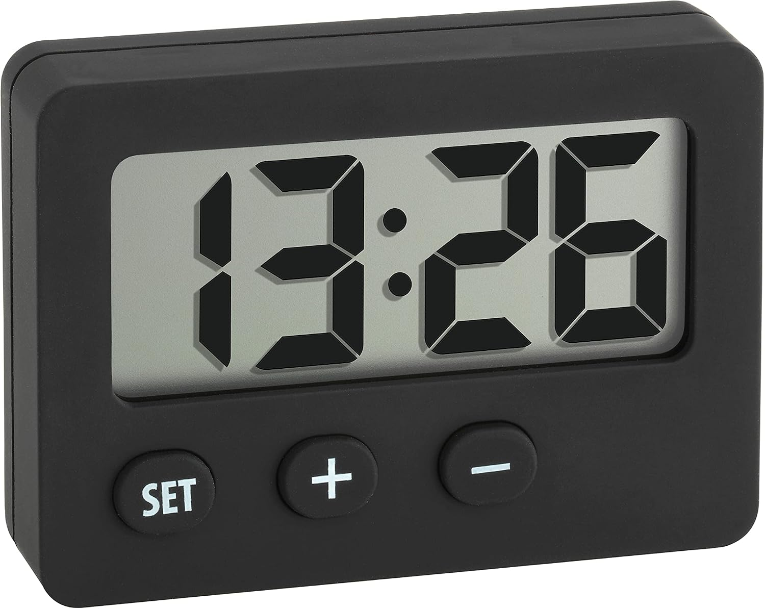 TFA Dostmann Mini Digitaluhr, 60.2013.01, Tischuhr, Quarzuhr, Perfekt Für KFZ (Wohnmobil Oder Auto), Für Klausuren/Abschlussprüfungen, Handlich, Mit Magnet, Selbstklebender Halter, Ständer, Schwarz