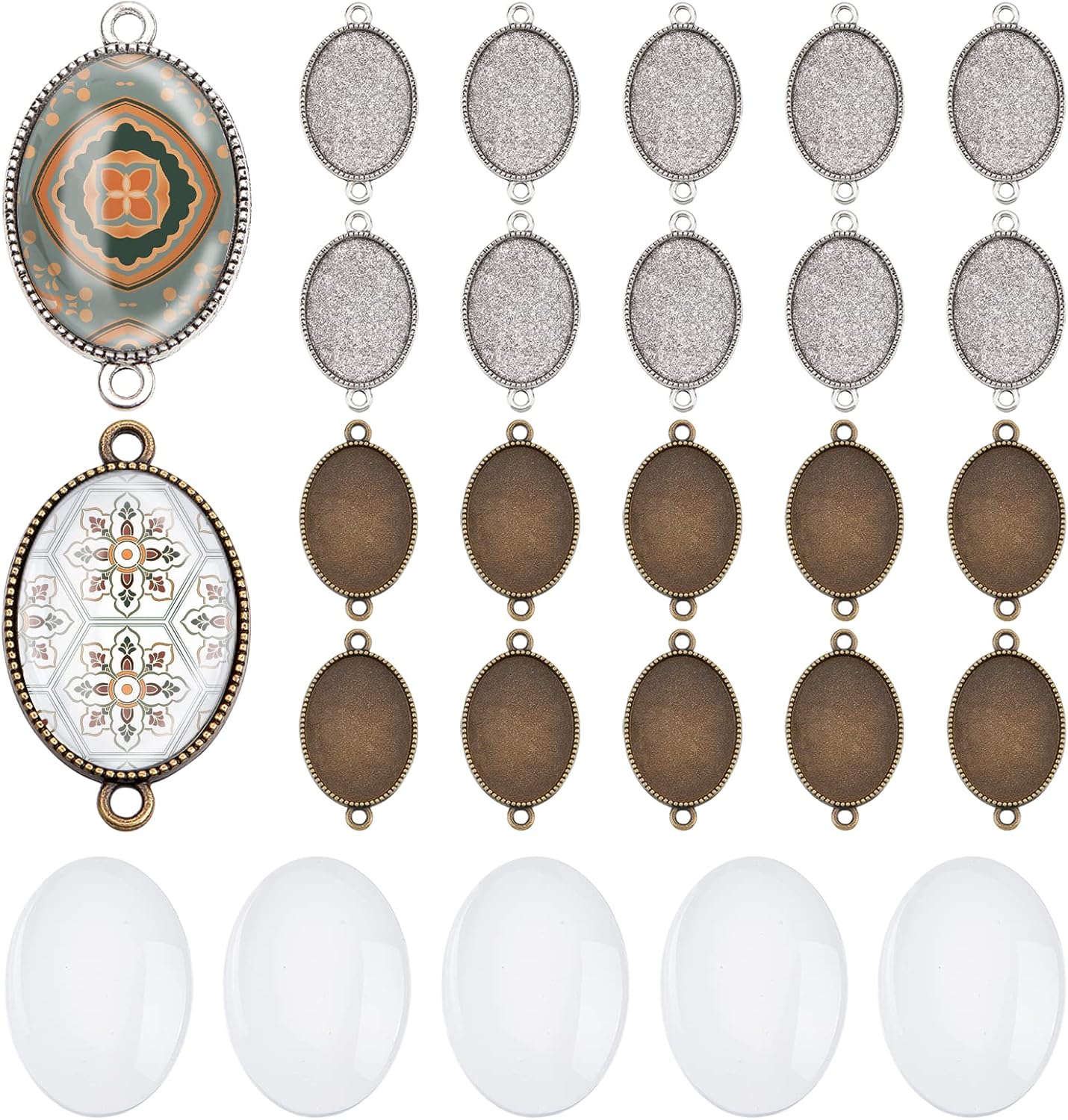 24Pcs Double Holes Photo Charms Connector Pendant Tray Blanks Bezel Cabochon Settings with 24Pcs Glass Cabochon Tiles Memorial Photo Pendant for Bouquet Wedding Graduation Photo Charm