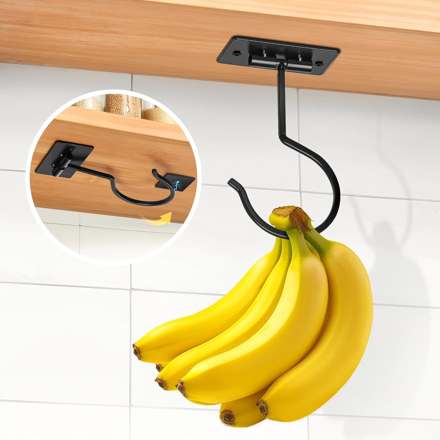 Self Adhesive Banana Hook under Cabinet Foldable Banana Hanger Black Metal under Counter Banana Hook to Keep Bananas Fresh Banana Holder for Kitchen RV Space Saving