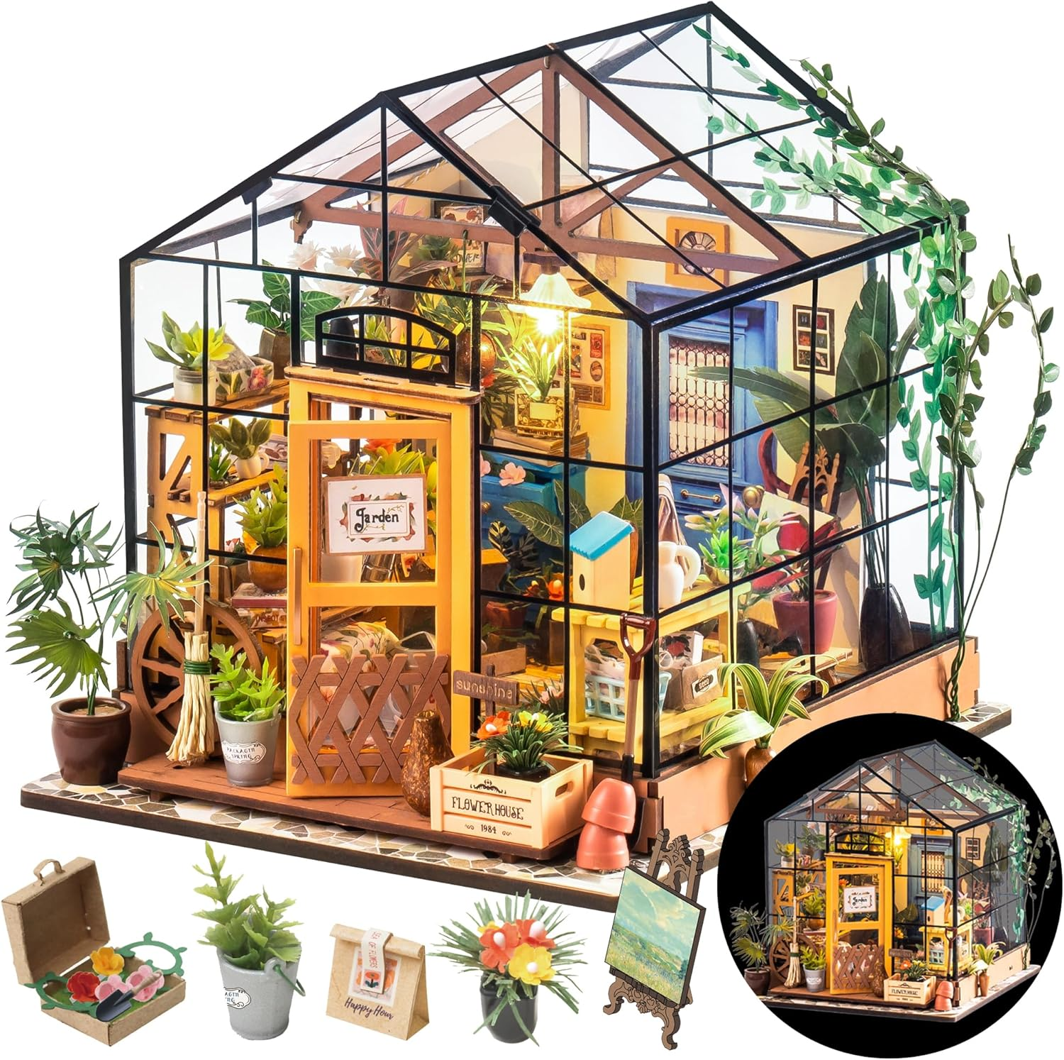 Rolife DIY Miniature House Kit Greenhouse, Tiny House Kit for Adults to Build, Mini House Making Kit with Furniture, Halloween/Christmas Decorations/Gifts for Family and Friends (Cathy'S Greenhouse)