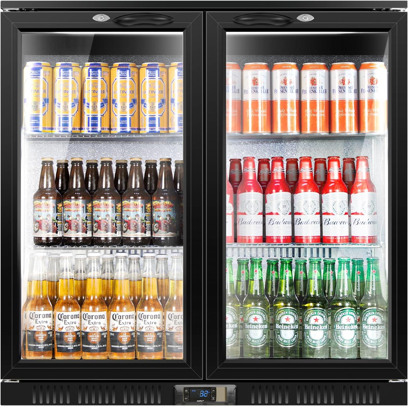 Back Bar Cooler with 2 Glass Doors, 200L under Counter Back Bar Refrigerator with LED Lighting, Safety Locks, Counter Height Bar Beverage Cooler for Beer, Soda Drinks, Wine, Black