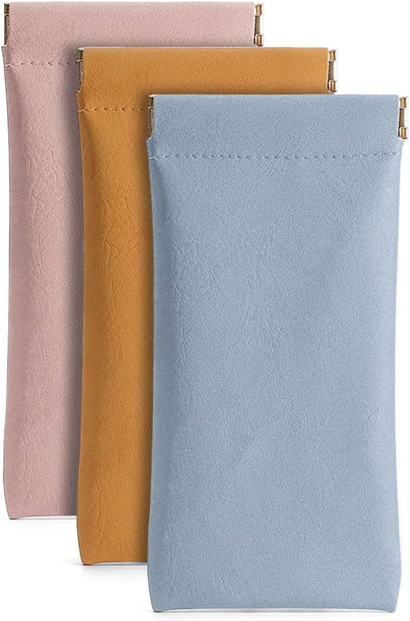 3 Pack Leather Eyeglasses Cases PU Soft Sunglasses Pouch Squeeze Top Portable Glasses Cases for Men Women