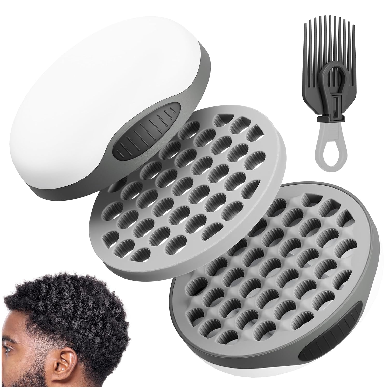 Silicone Curl Brush with Pick Comb, Hair Twist Curling Comb for Afro Curls, Small Holes Curler for Men Women Boy Girl, Gray, 1 Piece